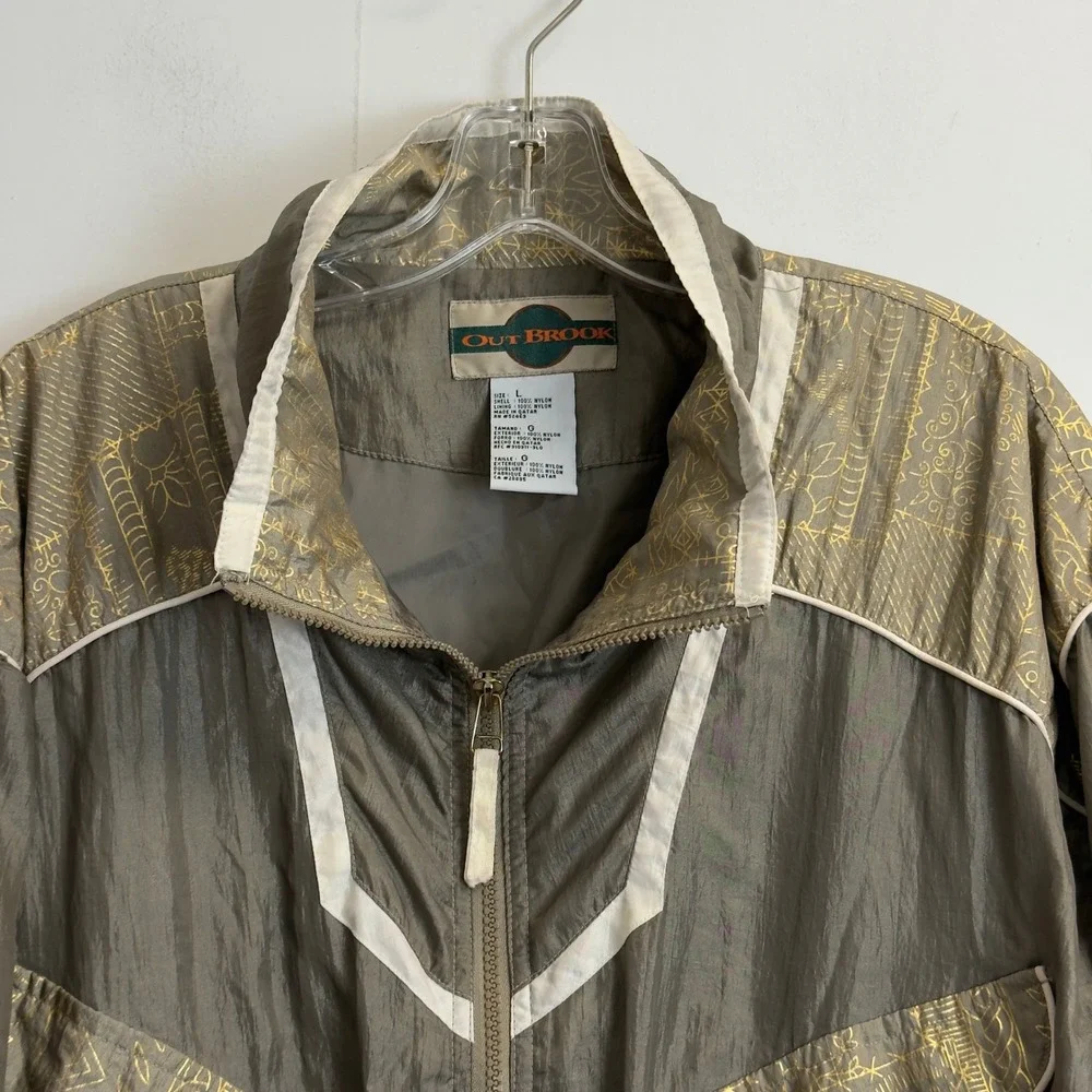 Out‎ Brook Vintage Windbreaker Jacket Olive Gold Graphic Zip Up Womens Large 80s